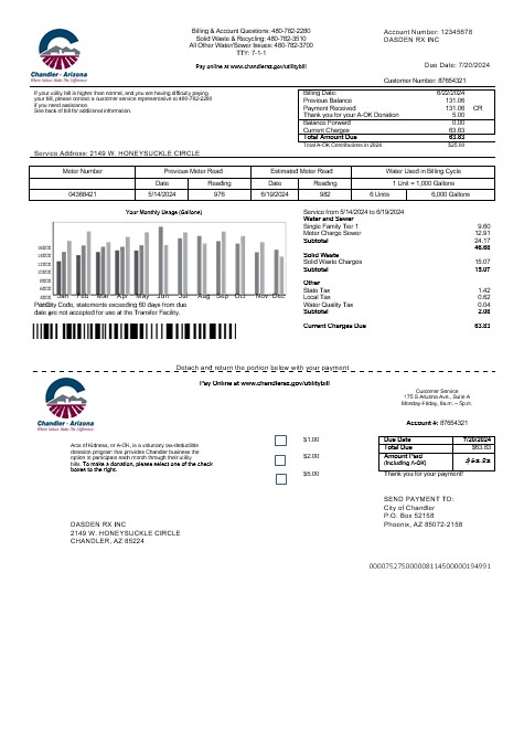 USA Arizona Chandler business utilities bill template in Word and PDF formats